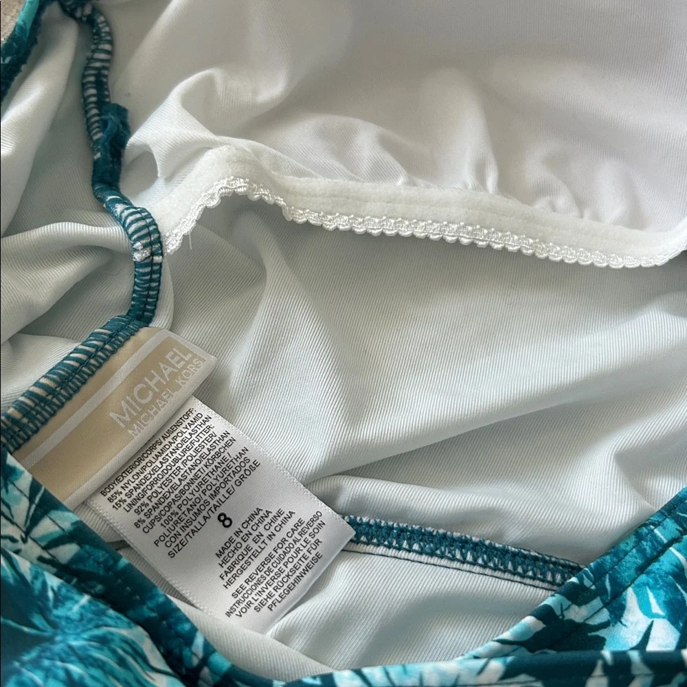 Michael Kors Swimsuit One Piece Cut Out Side One Shoulder Adjustable Teal Palms